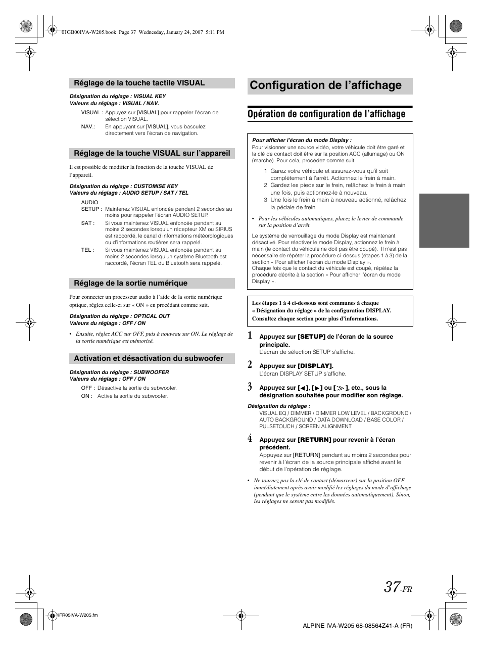 Configuration de l’affichage, Opération de configuration de l’affichage | Alpine IVA-W205 User Manual | Page 118 / 238