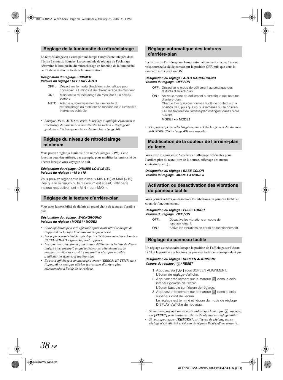 Réglage de la luminosité du rétroéclairage, Réglage du panneau tactile | Alpine IVA-W205 User Manual | Page 119 / 238