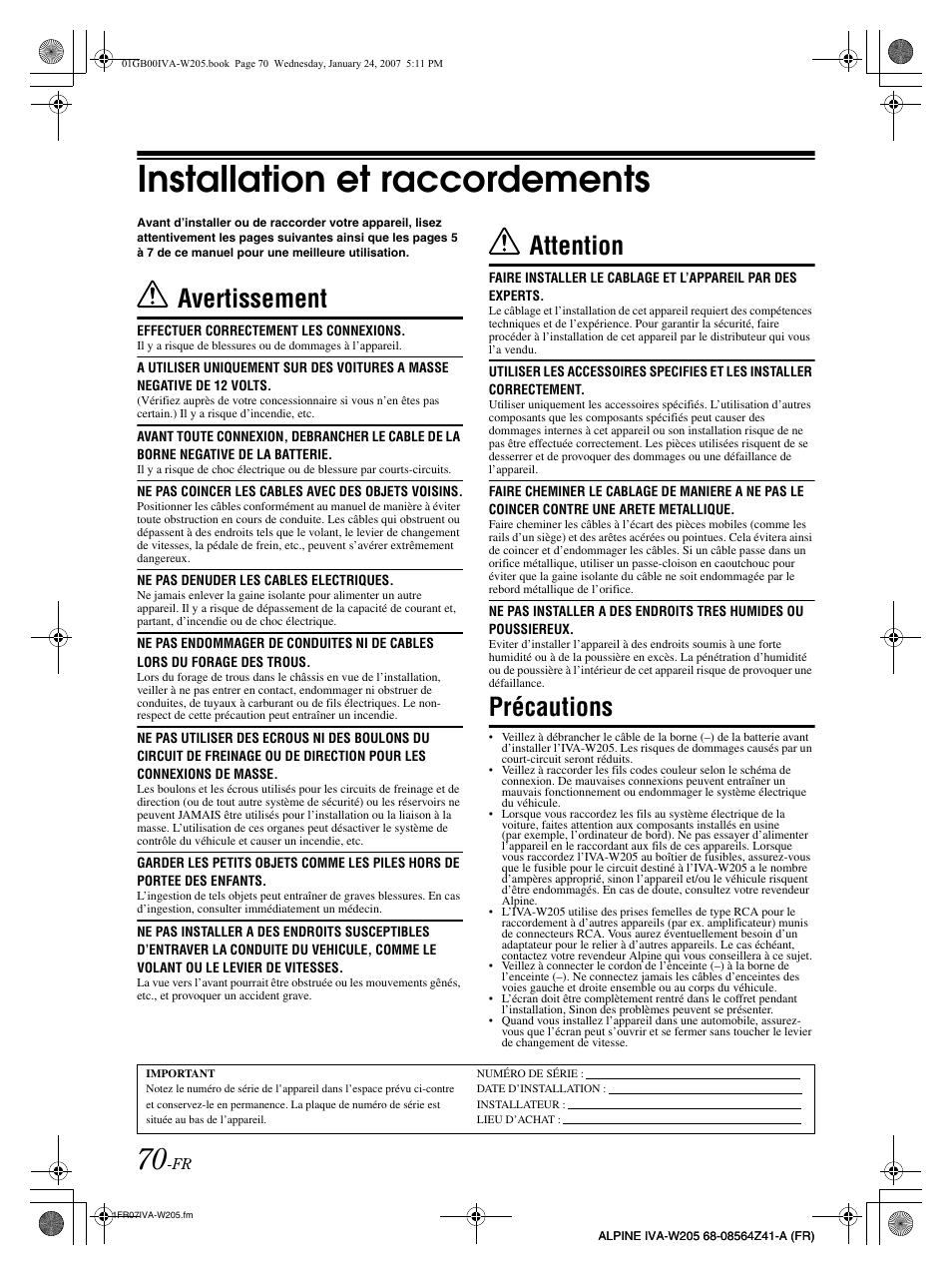 Installation et raccordements, Avertissement, Attention | Précautions | Alpine IVA-W205 User Manual | Page 151 / 238