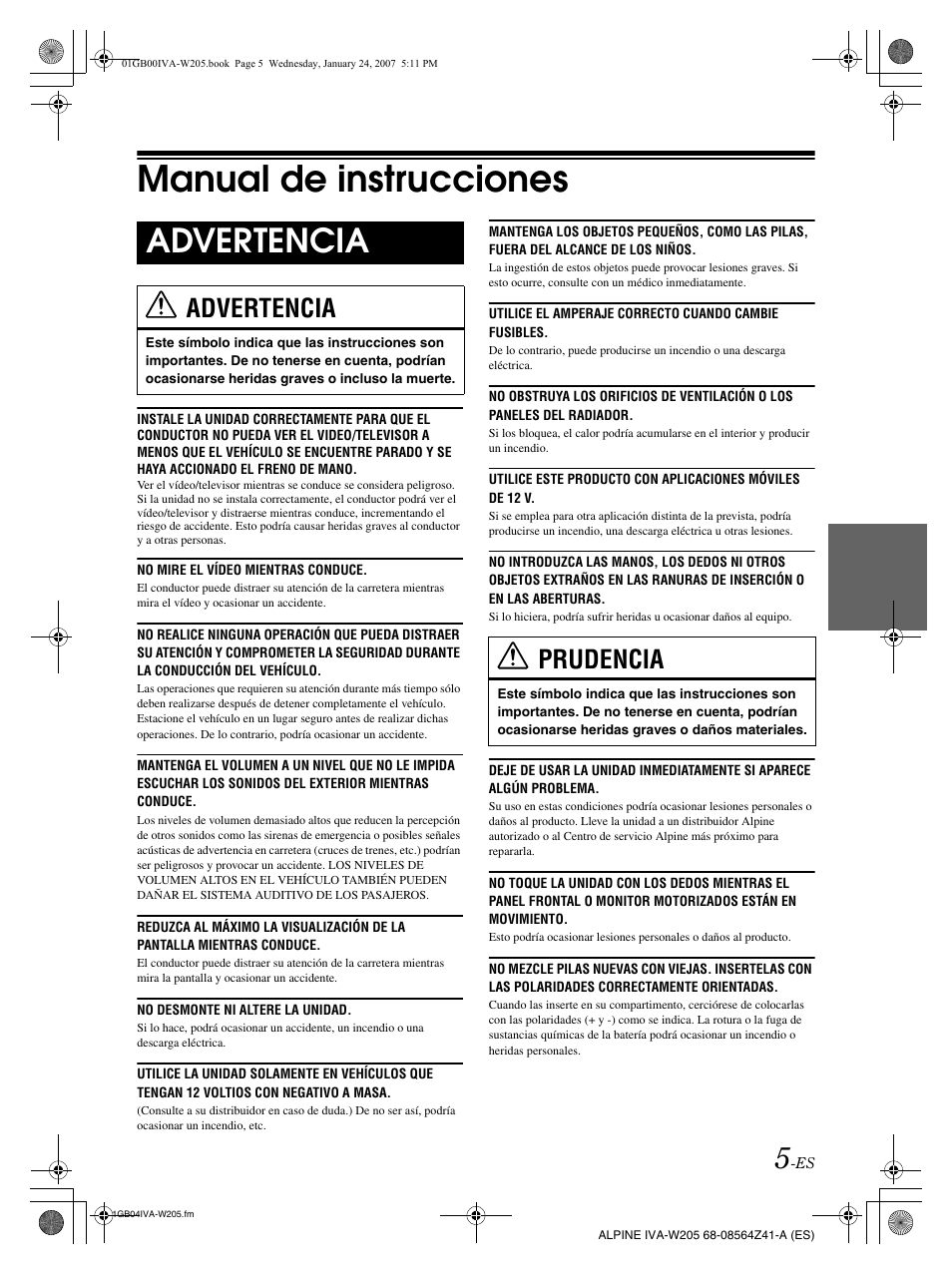 Manual de instrucciones, Advertencia, Prudencia | Alpine IVA-W205 User Manual | Page 165 / 238