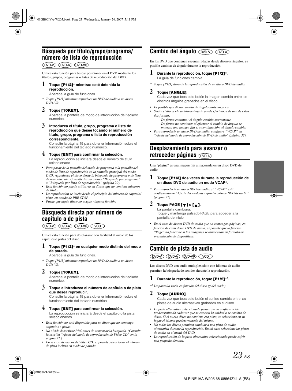 Búsqueda directa por número de capítulo o de pista, Cambio del ángulo, Desplazamiento para avanzar o retroceder páginas | Cambio de pista de audio | Alpine IVA-W205 User Manual | Page 183 / 238