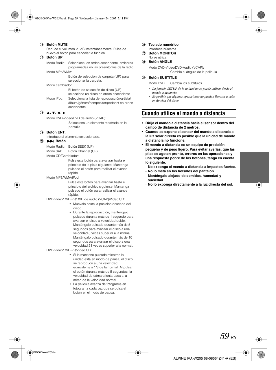 Cuando utilice el mando a distancia | Alpine IVA-W205 User Manual | Page 219 / 238