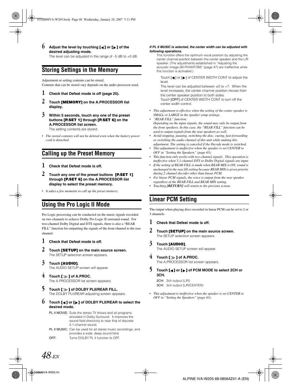 Using the pro logic ii mode, Linear pcm setting | Alpine IVA-W205 User Manual | Page 50 / 238