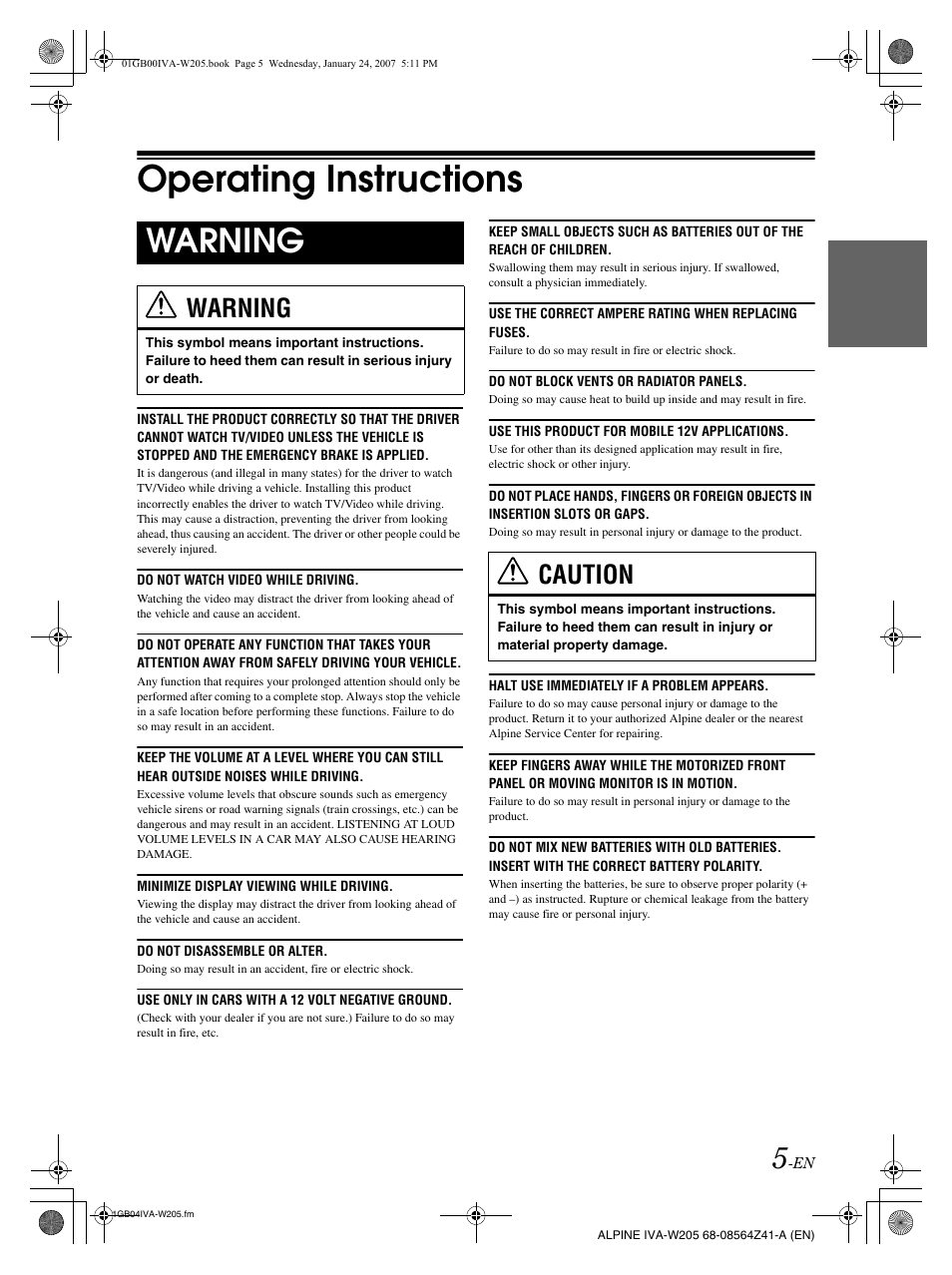 Operating instructions, Warning, Caution | Alpine IVA-W205 User Manual | Page 7 / 238
