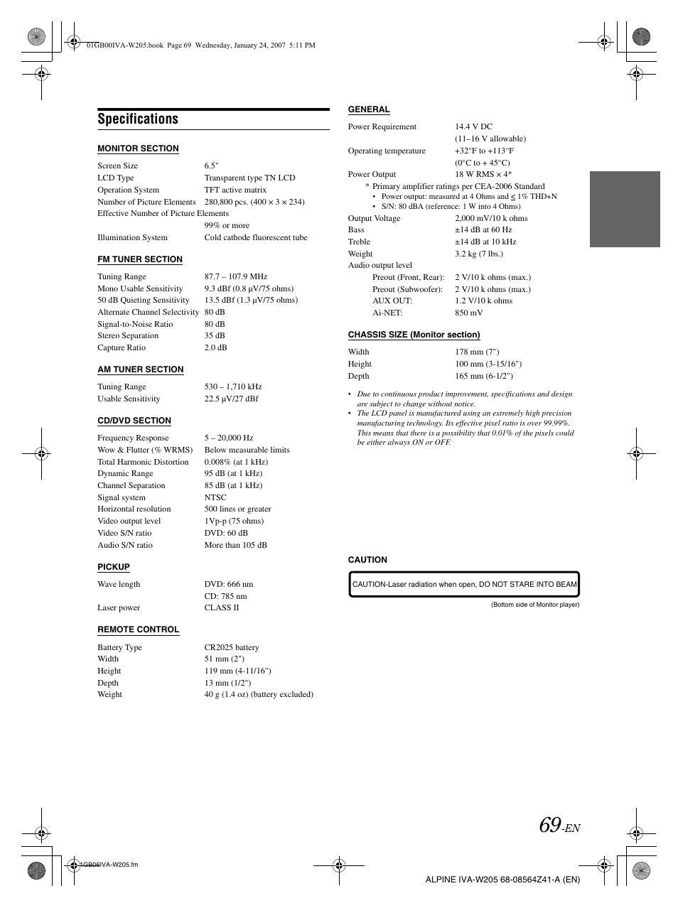 Specifications | Alpine IVA-W205 User Manual | Page 71 / 238