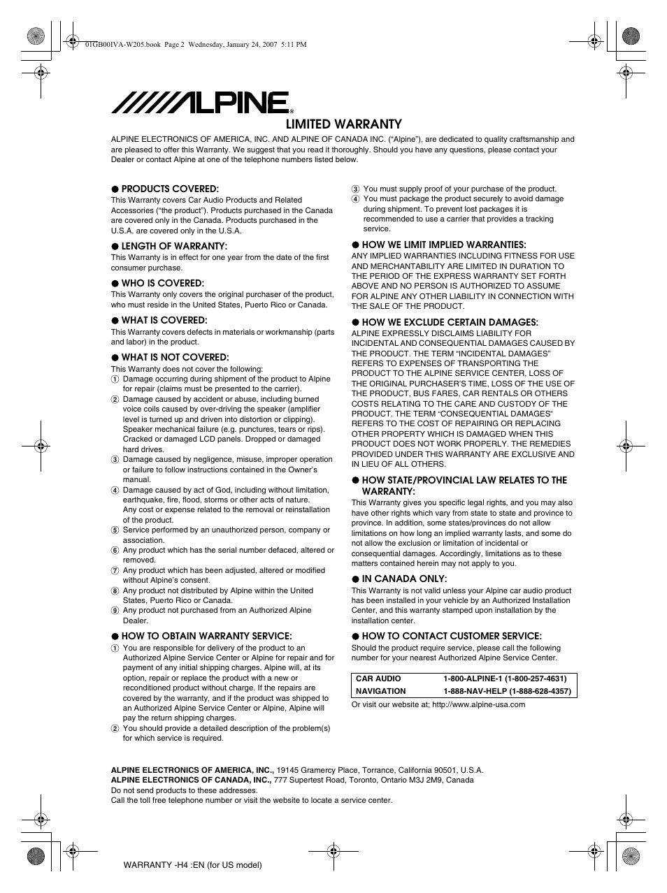 Limited warranty | Alpine IVA-W205 User Manual | Page 81 / 238