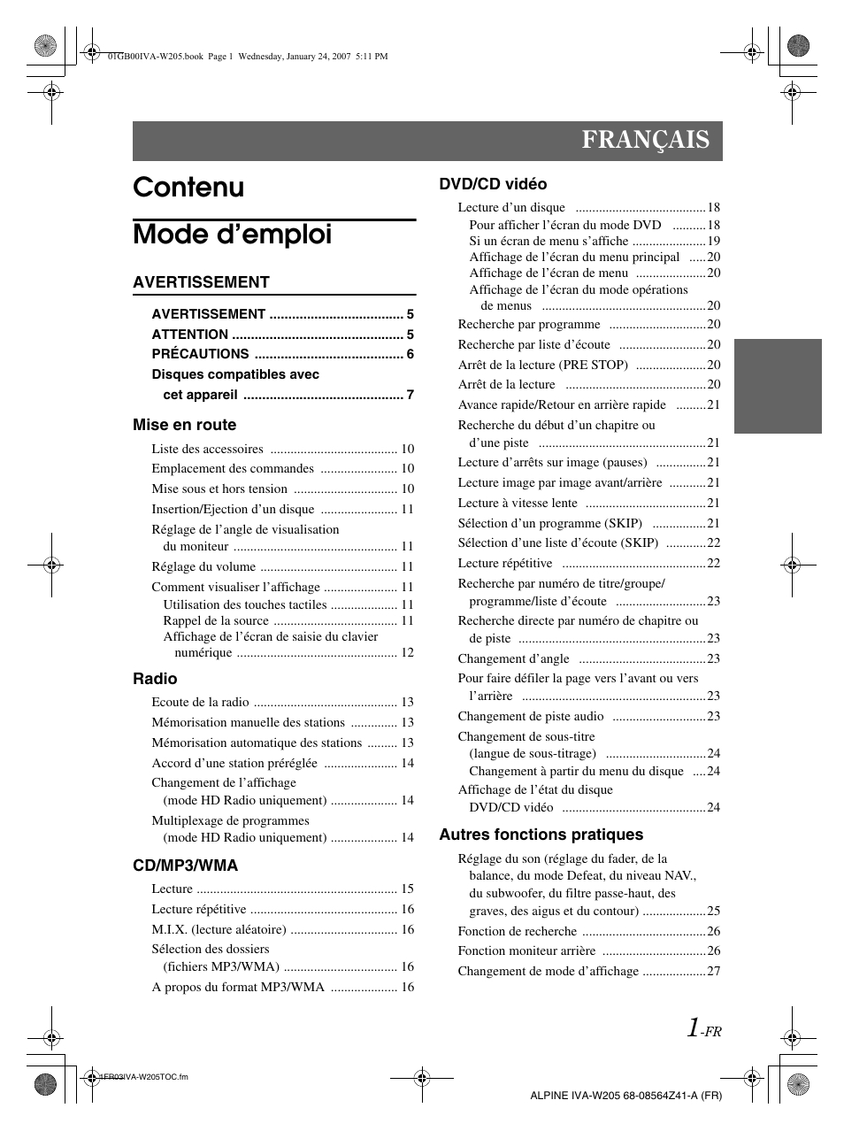 Contenu mode d’emploi, Français | Alpine IVA-W205 User Manual | Page 82 / 238