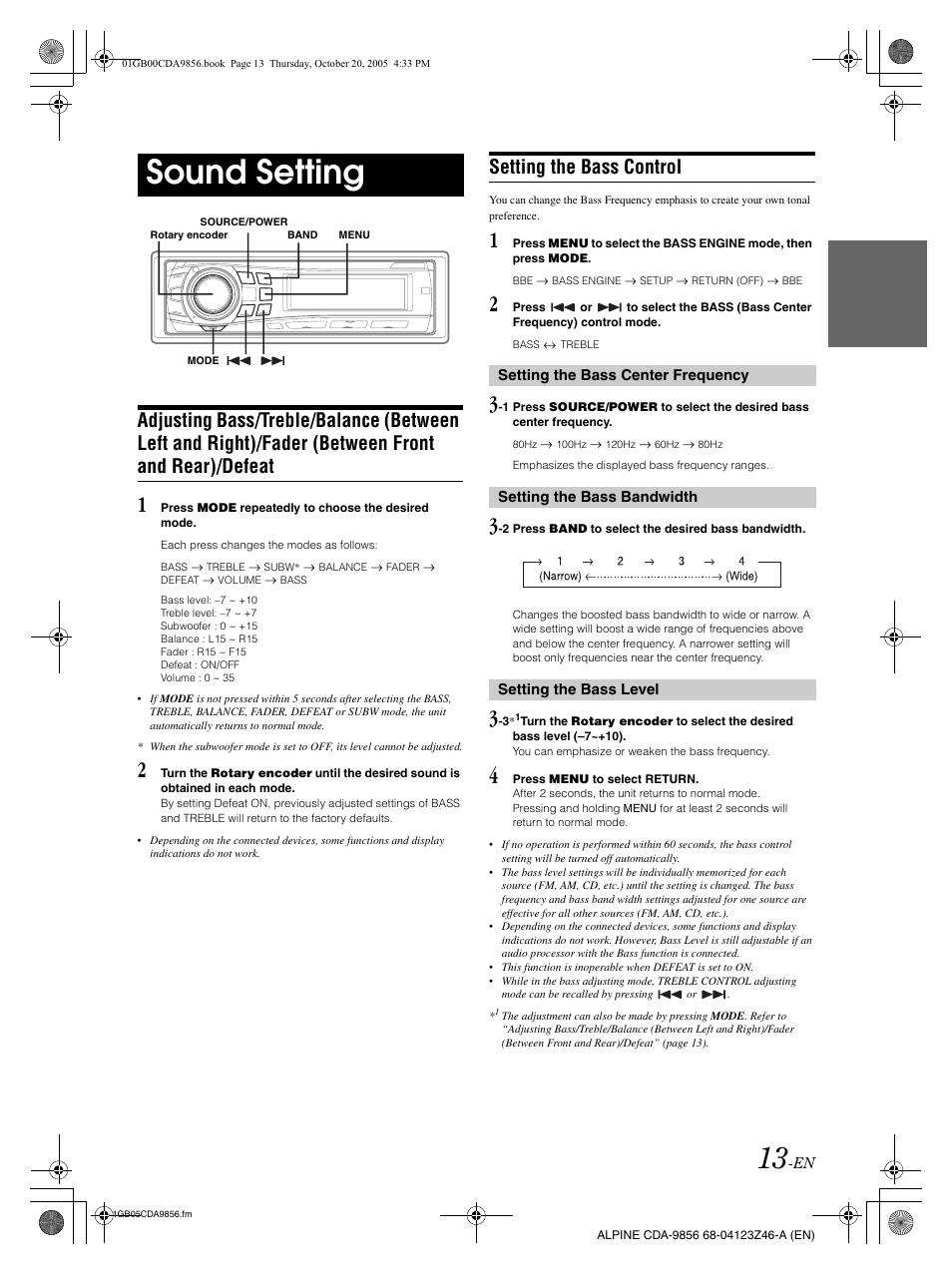 Sound setting, Setting the bass control | Alpine CDA-9856 User Manual | Page 15 / 103