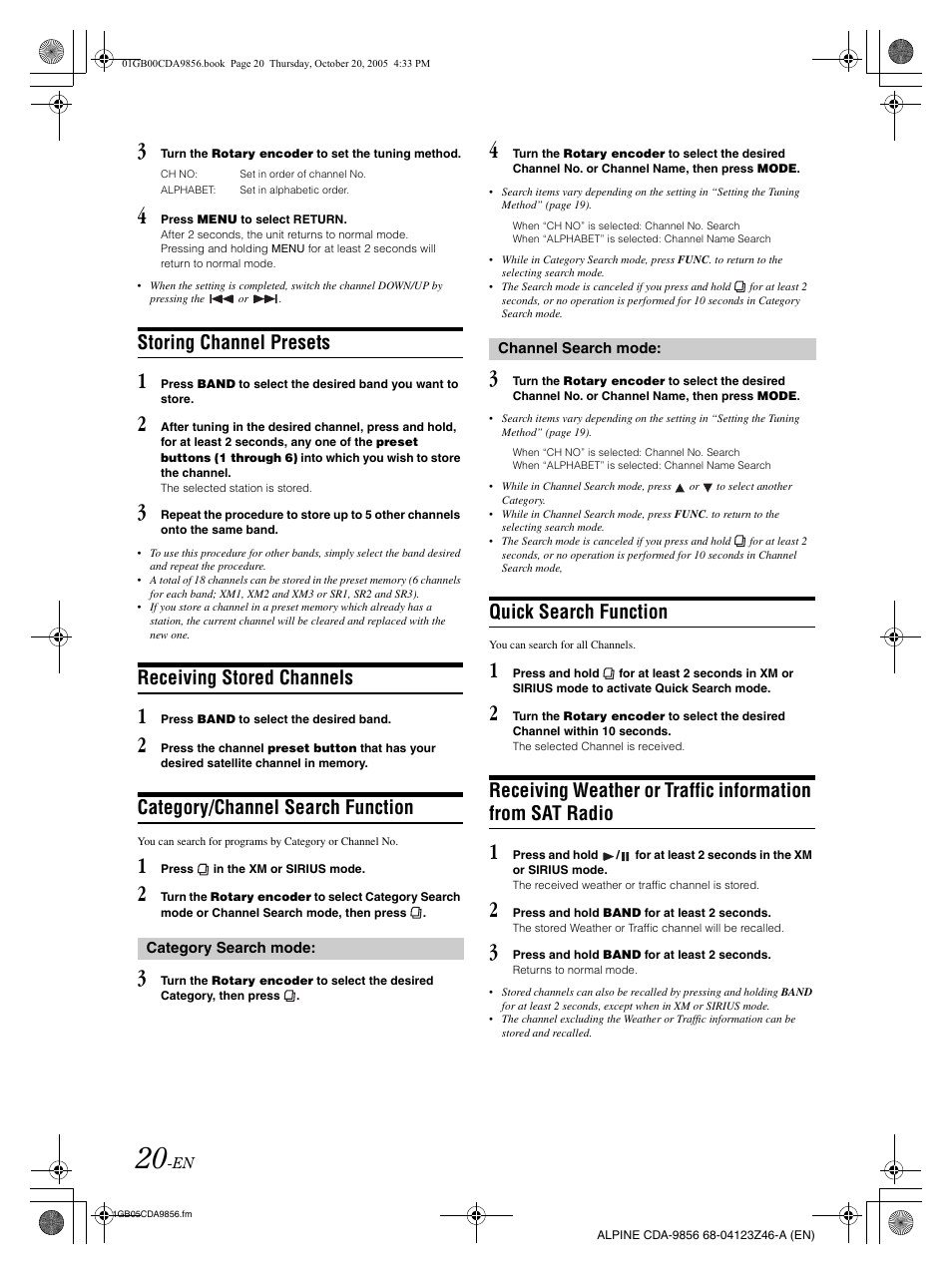 Storing channel presets, Receiving stored channels, Category/channel search function | Quick search function | Alpine CDA-9856 User Manual | Page 22 / 103