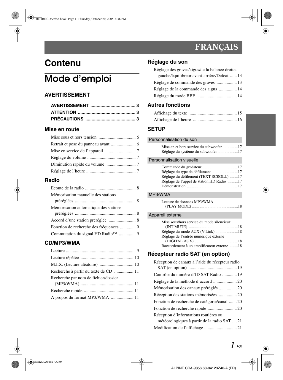 Contenu mode d’emploi, Français | Alpine CDA-9856 User Manual | Page 37 / 103