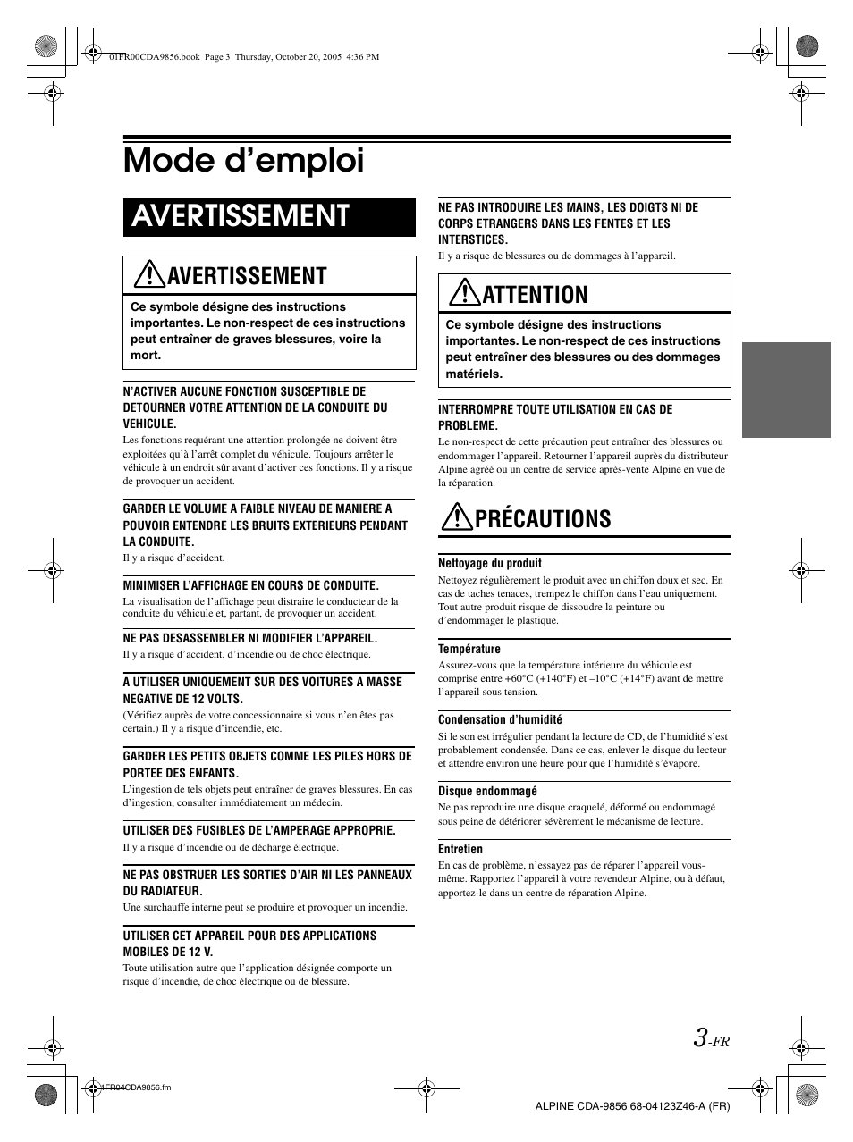 Mode d’emploi, Avertissement, Précautions | Attention | Alpine CDA-9856 User Manual | Page 39 / 103