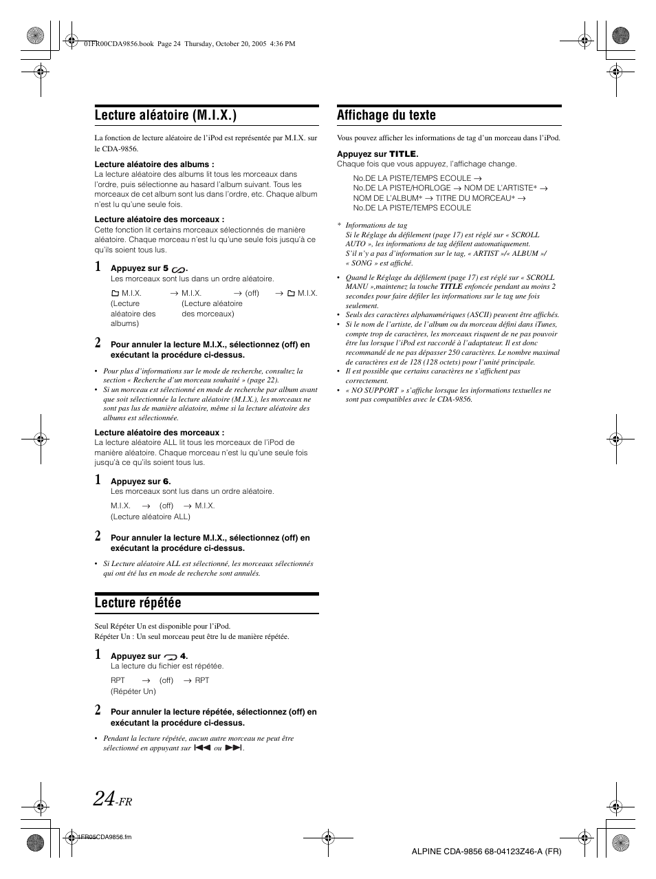 Lecture aléatoire (m.i.x.), Lecture répétée, Affichage du texte | Alpine CDA-9856 User Manual | Page 60 / 103