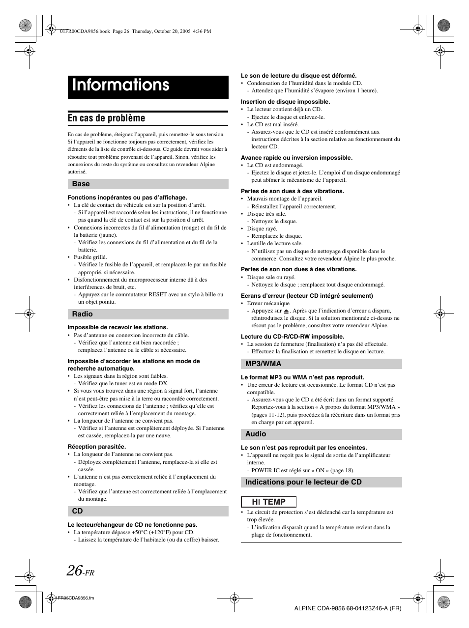 Informations, En cas de problème | Alpine CDA-9856 User Manual | Page 62 / 103