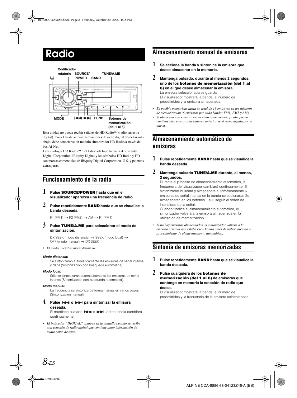 Radio, Funcionamiento de la radio, Almacenamiento manual de emisoras | Almacenamiento automático de emisoras | Alpine CDA-9856 User Manual | Page 78 / 103