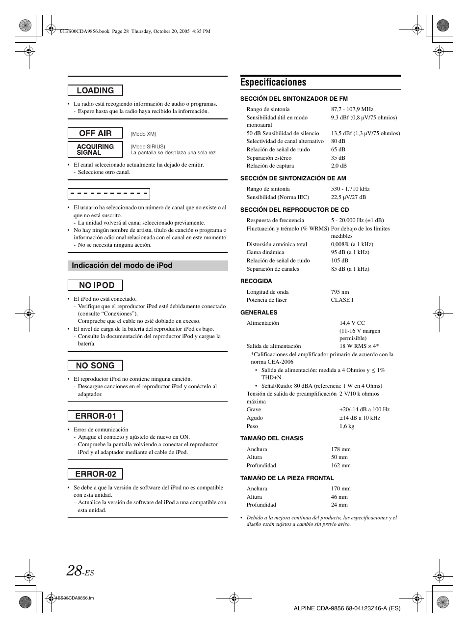 Especificaciones | Alpine CDA-9856 User Manual | Page 98 / 103