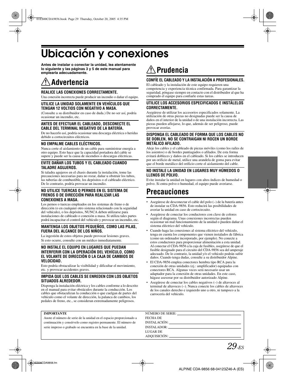 Ubicación y conexiones, Advertencia, Prudencia | Precauciones | Alpine CDA-9856 User Manual | Page 99 / 103