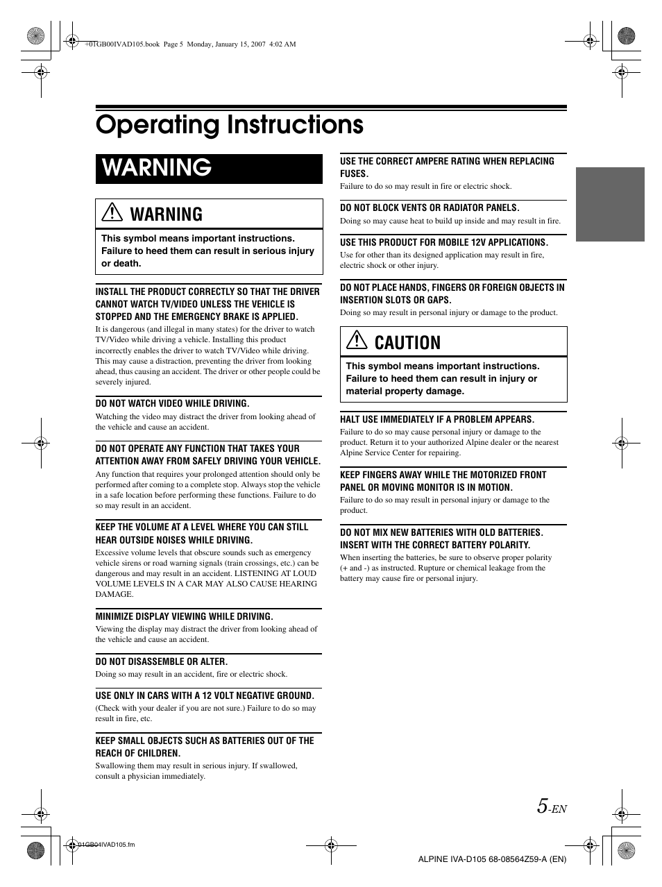 Operating instructions, Warning, Caution | Alpine IVA-D105 User Manual | Page 7 / 83