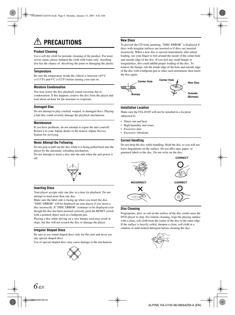 Precautions | Alpine IVA-D105 User Manual | Page 8 / 83
