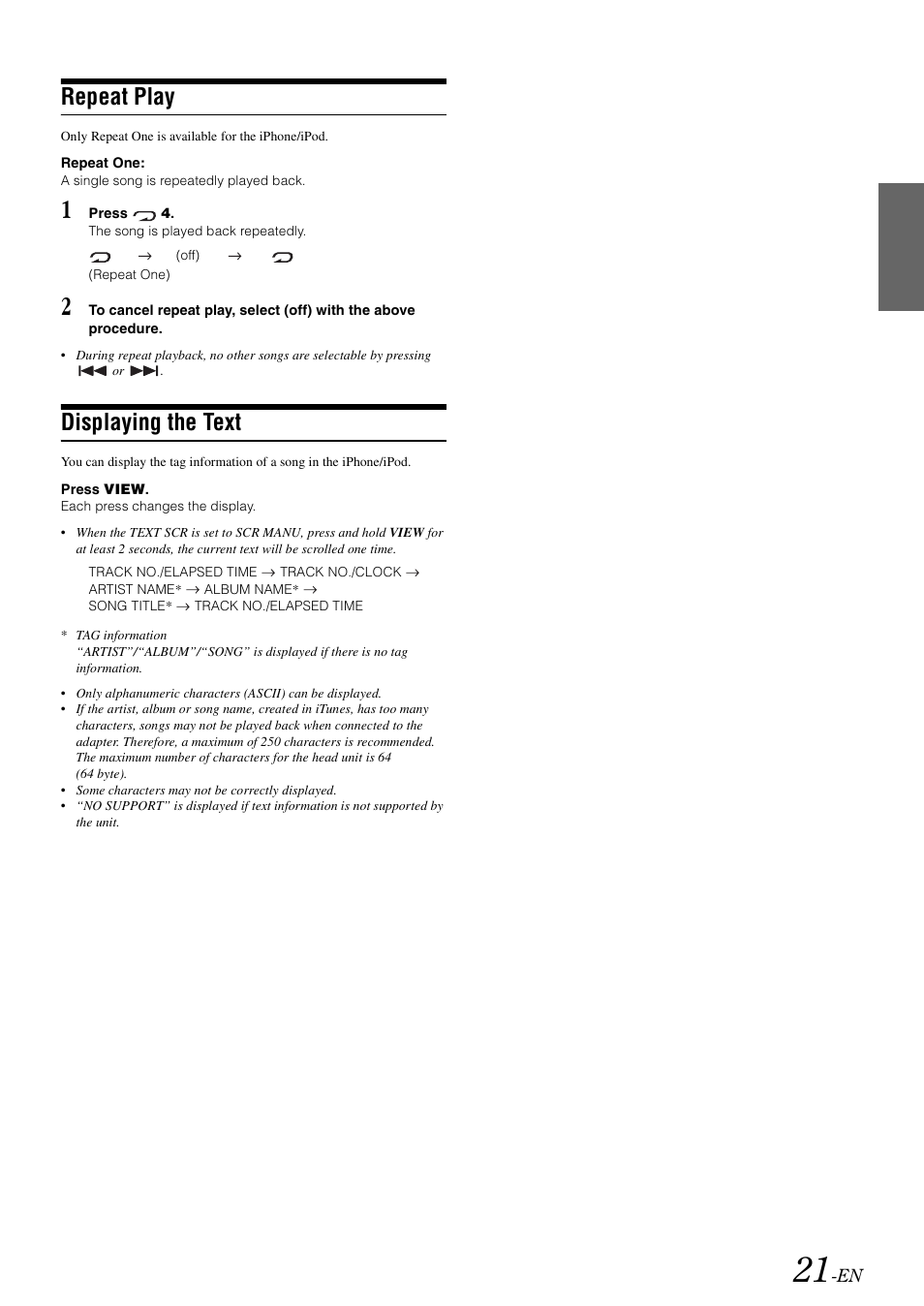 Repeat play, Displaying the text | Alpine CDE-102 User Manual | Page 23 / 31