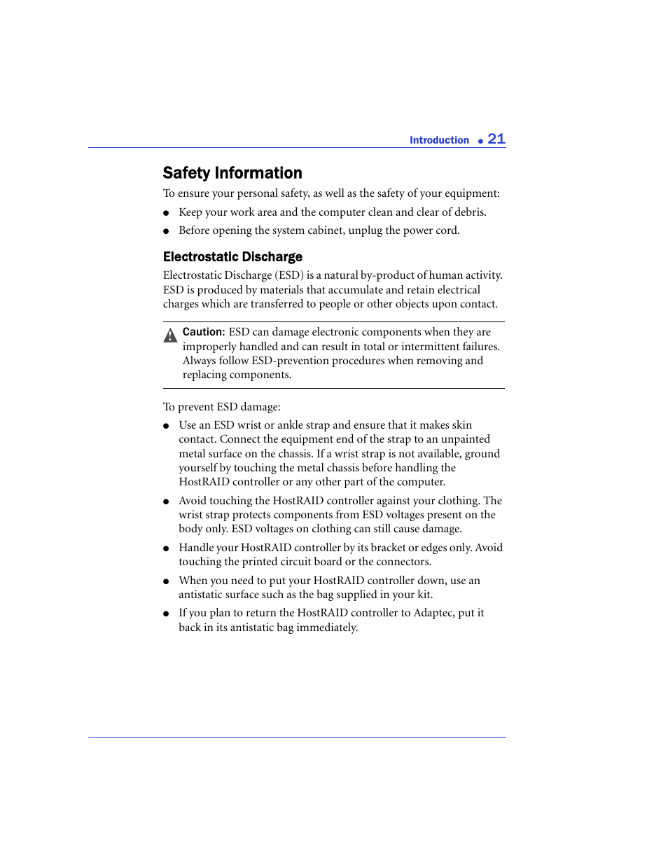 Safety information, Electrostatic discharge | Adaptec 48300 User Manual | Page 21 / 109