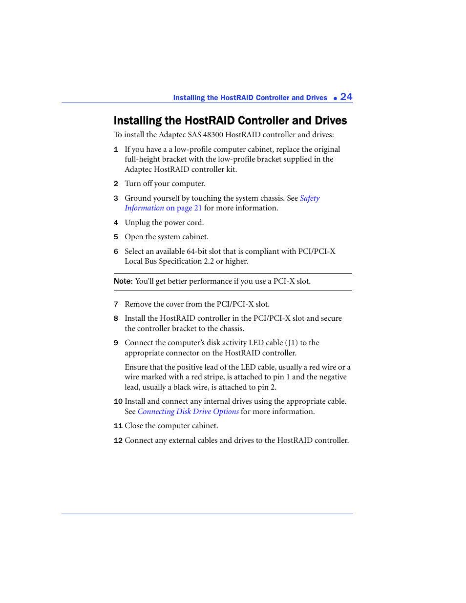 Installing the hostraid controller and drives | Adaptec 48300 User Manual | Page 24 / 109