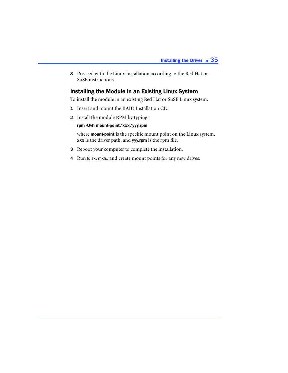 Installing the module in an existing linux system | Adaptec 48300 User Manual | Page 35 / 109