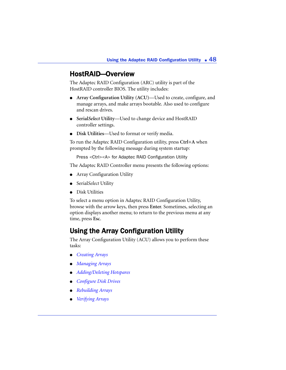 Hostraid-overview, Using the array configuration utility, Hostraid—overview | Adaptec 48300 User Manual | Page 48 / 109