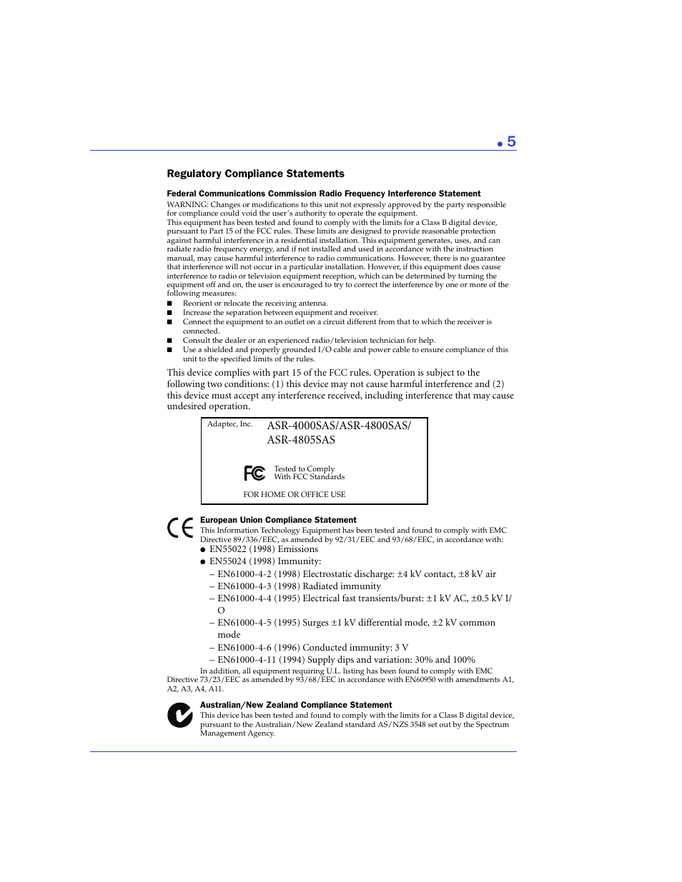 Regulatory compliance statements | Adaptec 48300 User Manual | Page 5 / 109