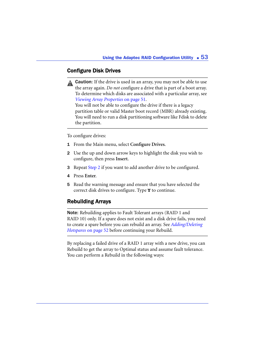 Configure disk drives, Rebuilding arrays, Configure disk drives rebuilding arrays | Adaptec 48300 User Manual | Page 53 / 109