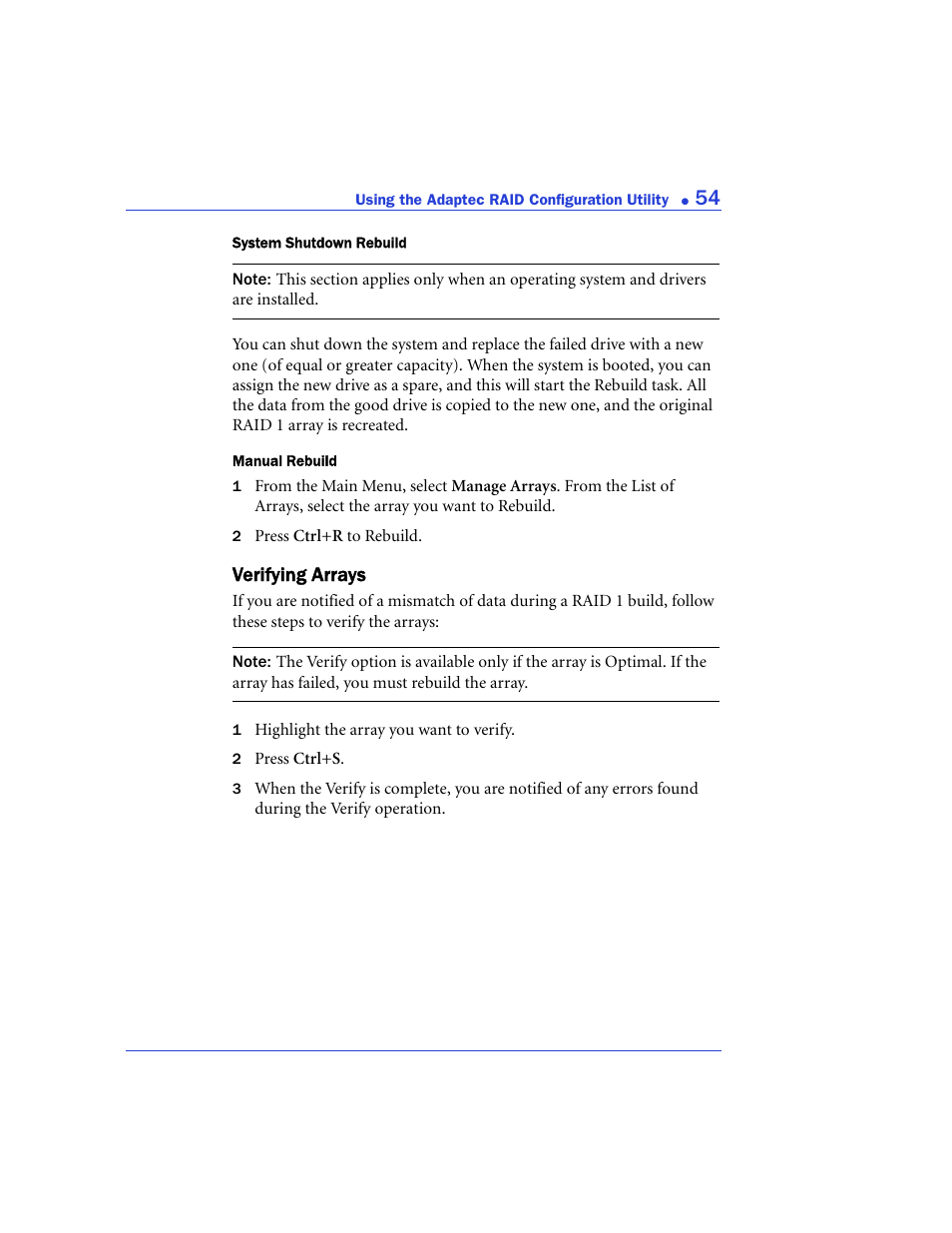 Verifying arrays | Adaptec 48300 User Manual | Page 54 / 109