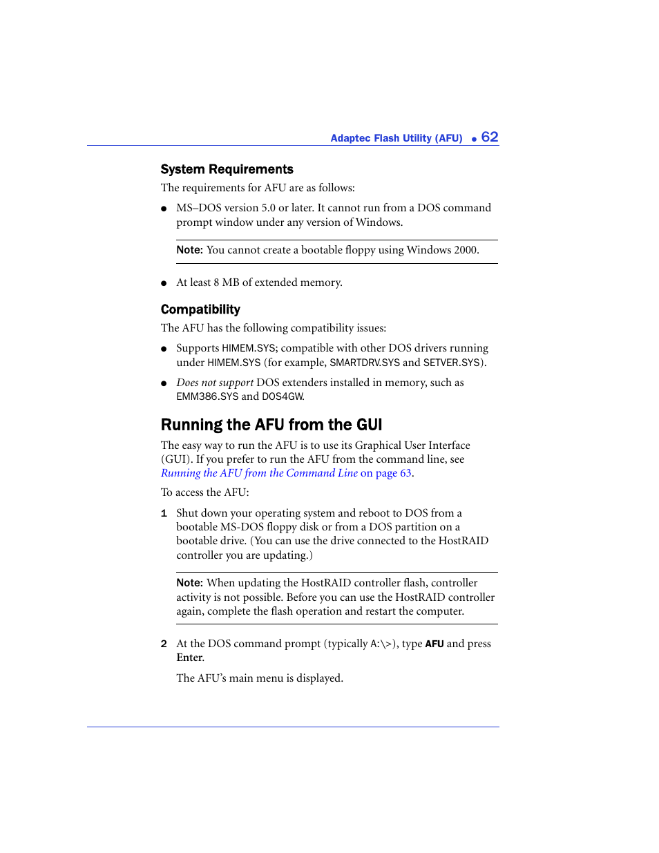 System requirements, Compatibility, Running the afu from the gui | System requirements compatibility | Adaptec 48300 User Manual | Page 62 / 109