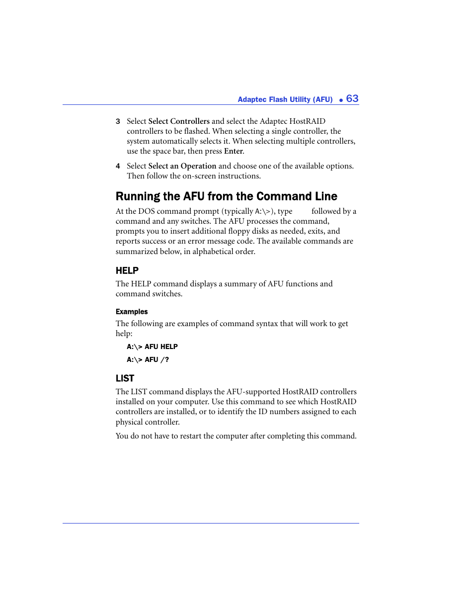 Running the afu from the command line, Help, List | Help list | Adaptec 48300 User Manual | Page 63 / 109