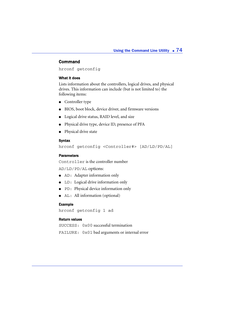 Getconfig | Adaptec 48300 User Manual | Page 74 / 109