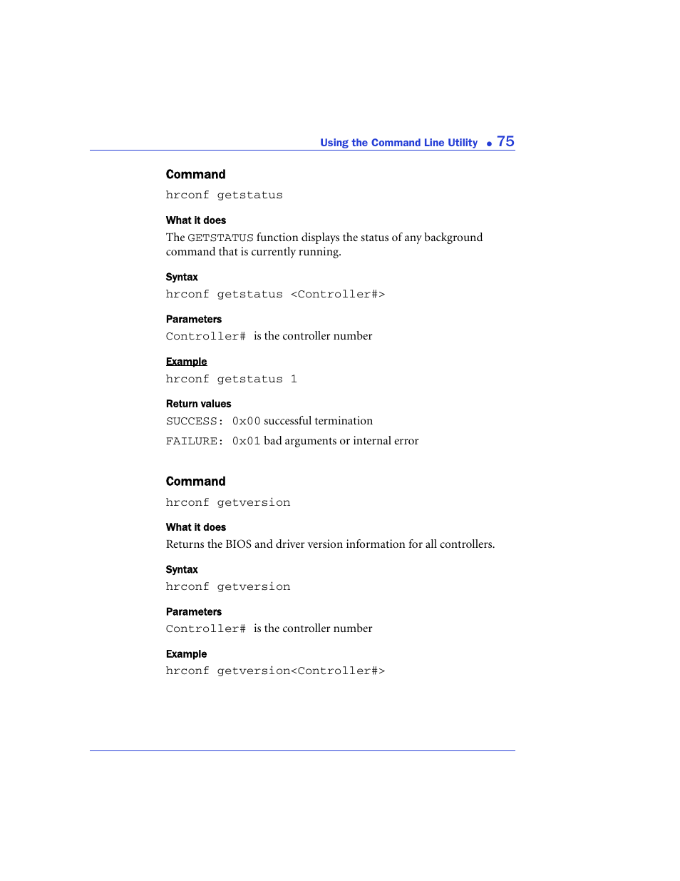 Getstatus, Getversion | Adaptec 48300 User Manual | Page 75 / 109