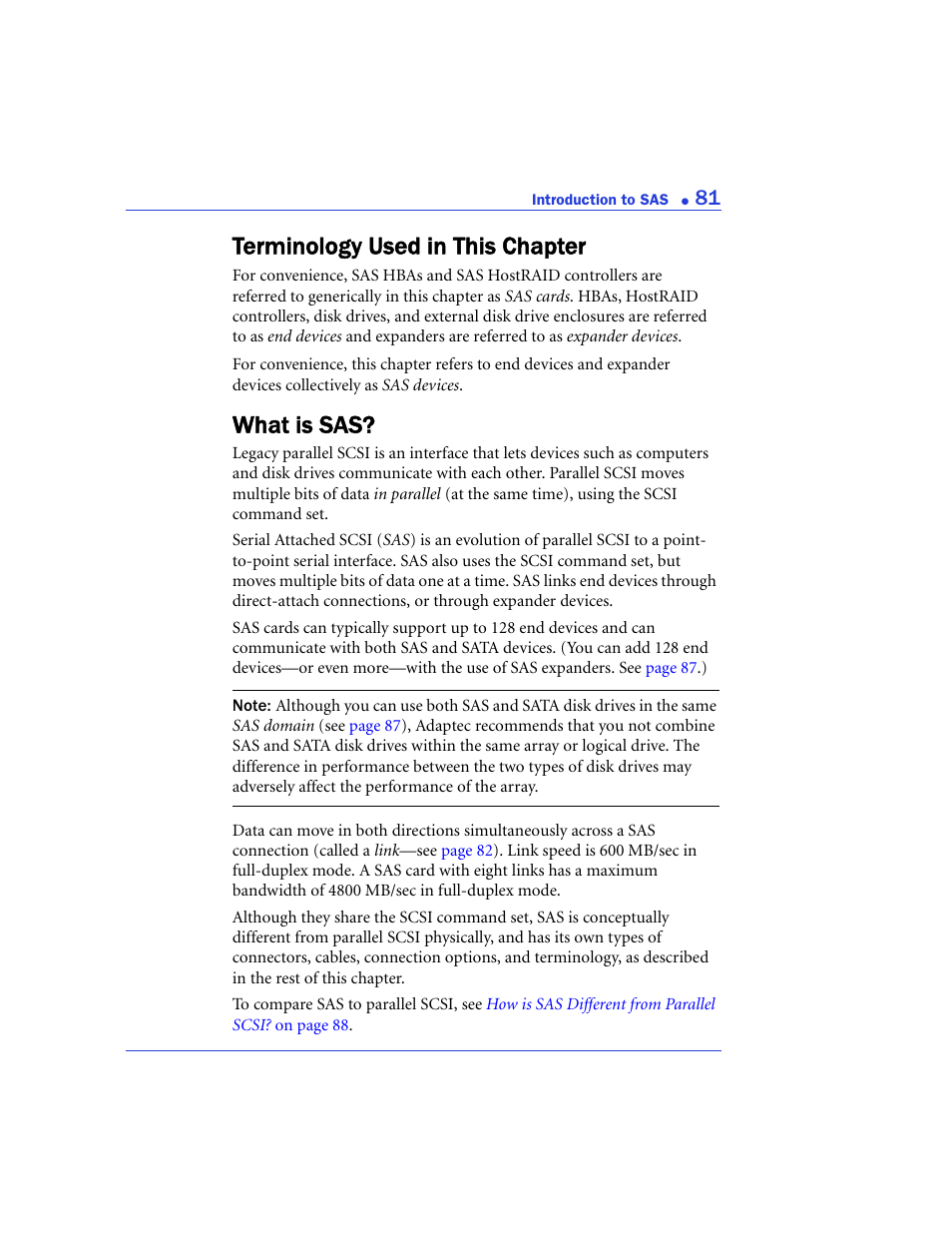 Terminology used in this chapter, What is sas, Terminology used in this chapter what is sas | Adaptec 48300 User Manual | Page 81 / 109