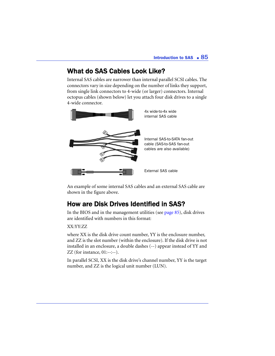 What do sas cables look like, How are disk drives identified in sas | Adaptec 48300 User Manual | Page 85 / 109