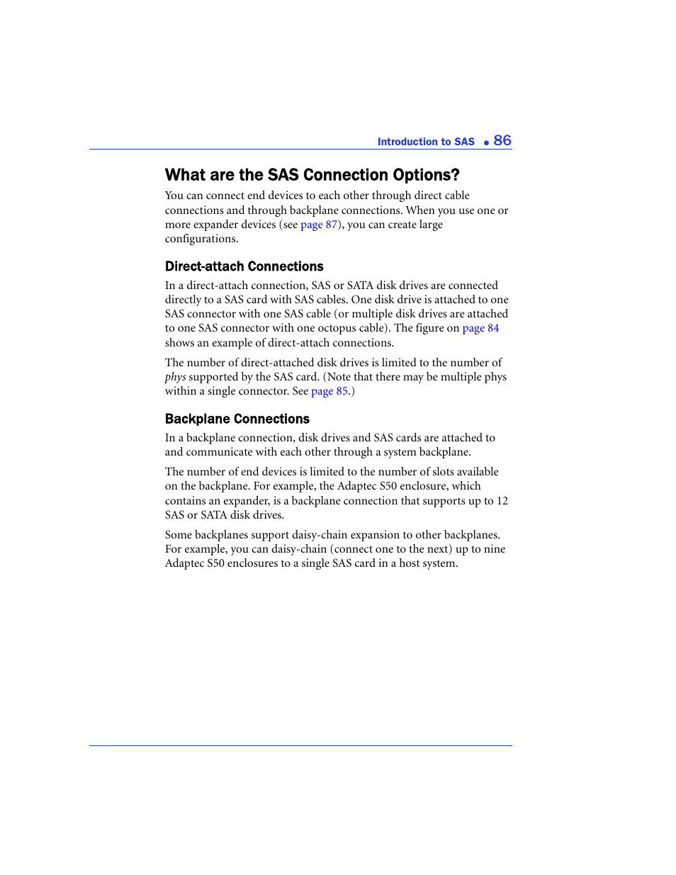 What are the sas connection options, Direct-attach connections, Backplane connections | Direct-attach connections backplane connections | Adaptec 48300 User Manual | Page 86 / 109