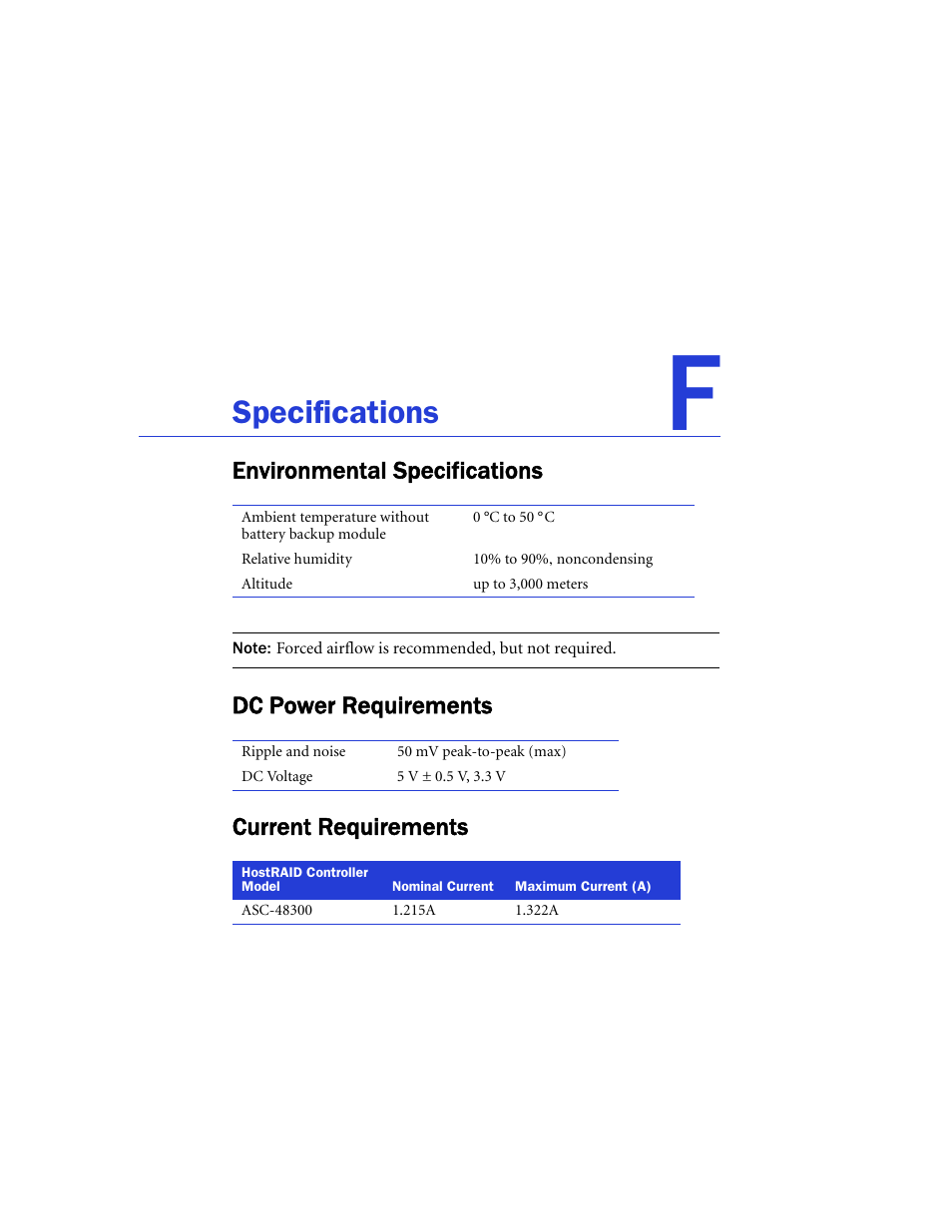 Specifications, Environmental specifications, Dc power requirements | Current requirements, Dc power requirements current requirements | Adaptec 48300 User Manual | Page 94 / 109