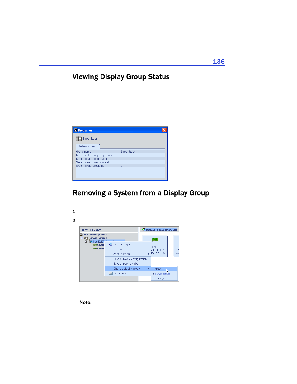 Viewing display group status, Removing a system from a display group | Adaptec Storage Manager User Manual | Page 137 / 191
