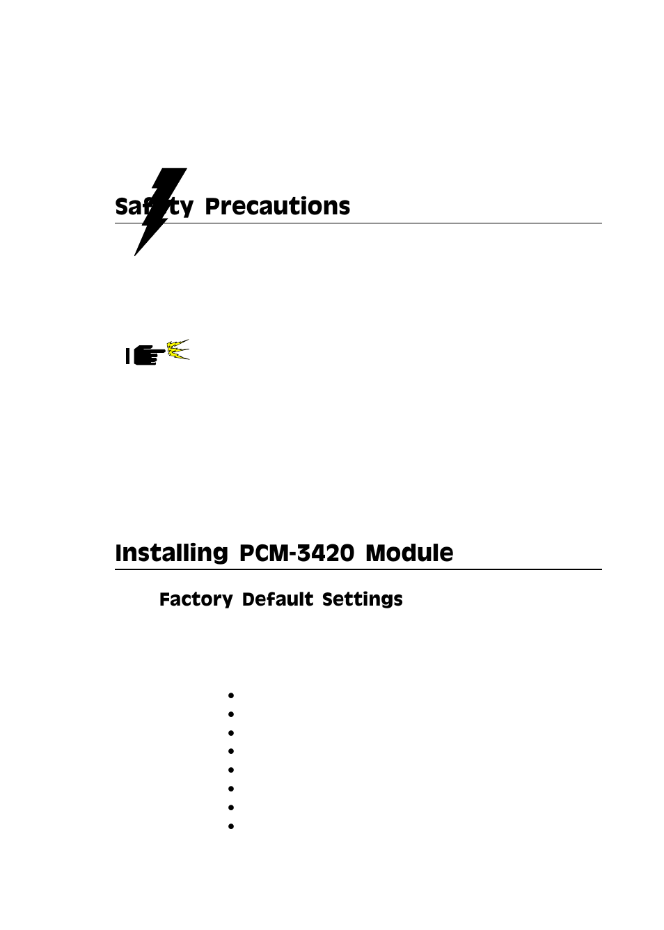 Safety precautions, Installing pcm-3420 module, Warning ! caution | Adaptec PC/104 User Manual | Page 17 / 62
