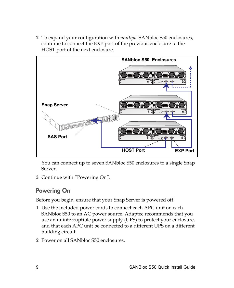 Powering on, Continue with “powering on, Power on all sanbloc s50 enclosures | 9sanbloc s50 quick install guide 2 | Adaptec SANBLOC S50 User Manual | Page 11 / 20