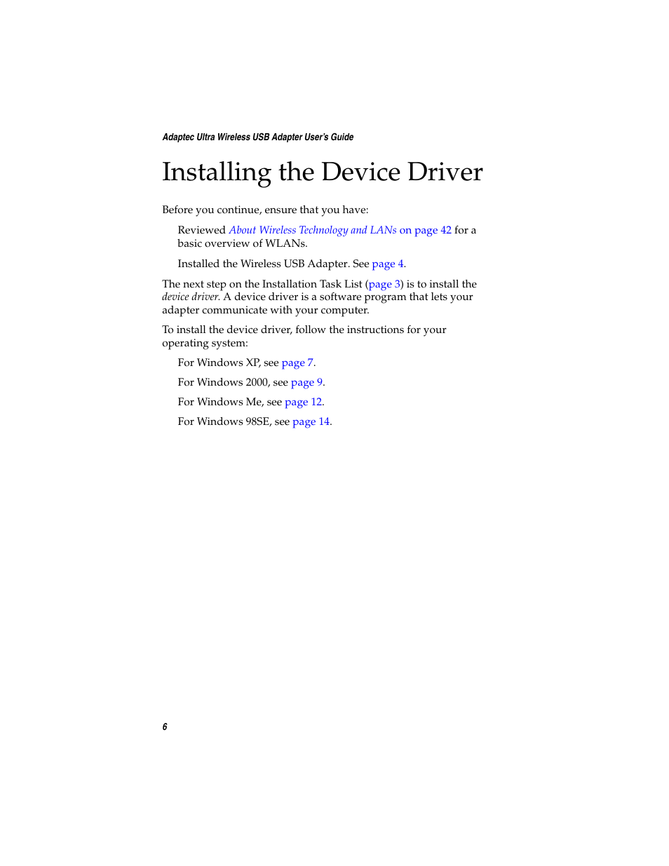 Installing the device driver | Adaptec Ultra Wireless WirelessTM USB Adapter User Manual | Page 13 / 57