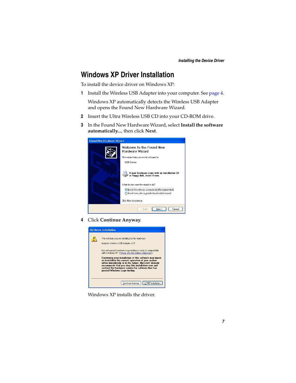 Windows xp driver installation | Adaptec Ultra Wireless WirelessTM USB Adapter User Manual | Page 14 / 57