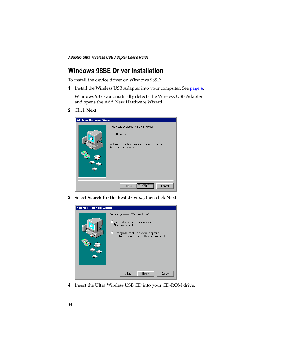 Windows 98se driver installation | Adaptec Ultra Wireless WirelessTM USB Adapter User Manual | Page 21 / 57