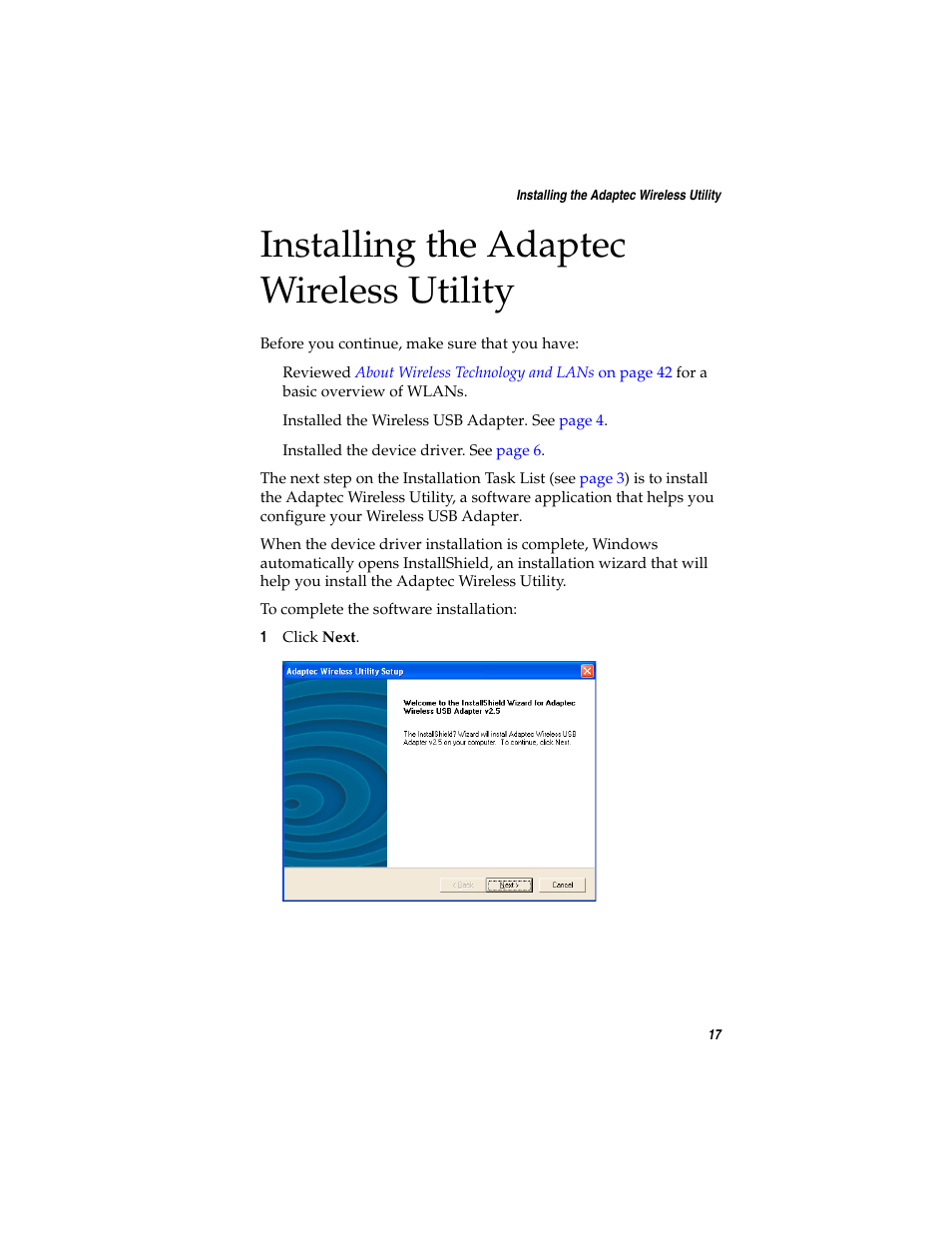 Installing the adaptec wireless utility, Go to, Installing the adaptec | To cont, To continu | Adaptec Ultra Wireless WirelessTM USB Adapter User Manual | Page 24 / 57