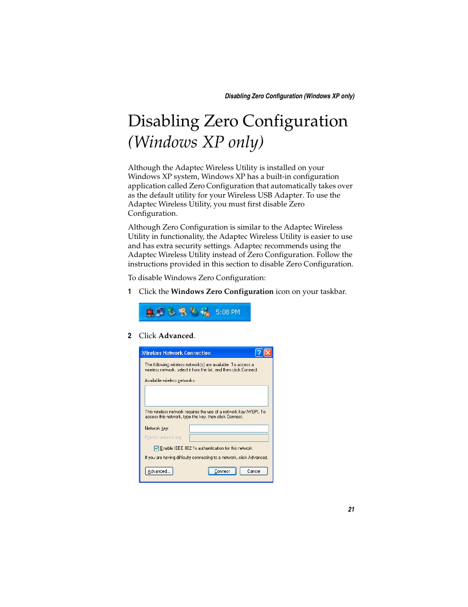 Disabling zero configuration (windows xp only), Disabling zero configuration (windows xp | Adaptec Ultra Wireless WirelessTM USB Adapter User Manual | Page 28 / 57