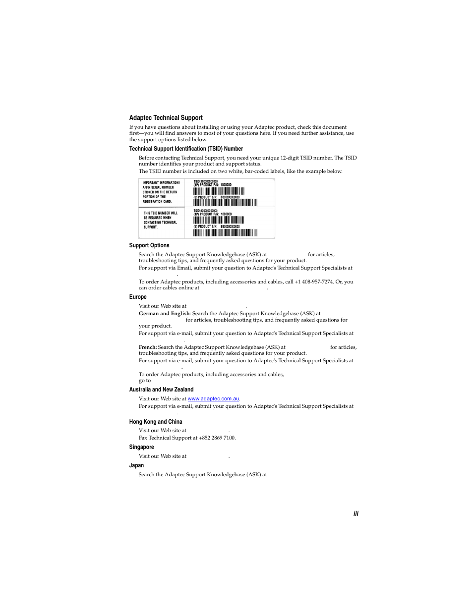 Iii adaptec technical support | Adaptec Ultra Wireless WirelessTM USB Adapter User Manual | Page 3 / 57