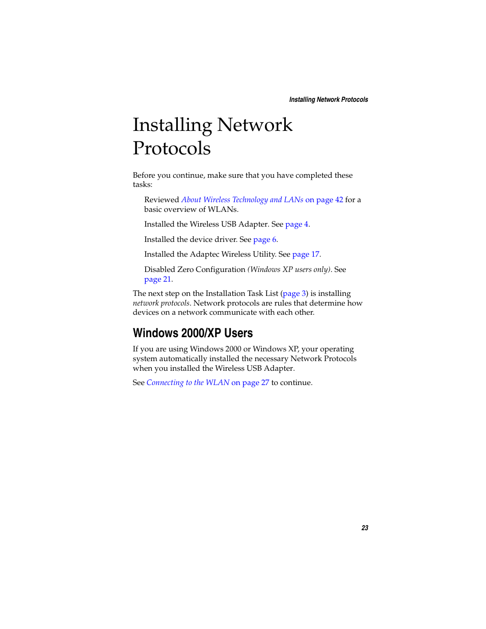 Installing network protocols, Windows 2000/xp users | Adaptec Ultra Wireless WirelessTM USB Adapter User Manual | Page 30 / 57