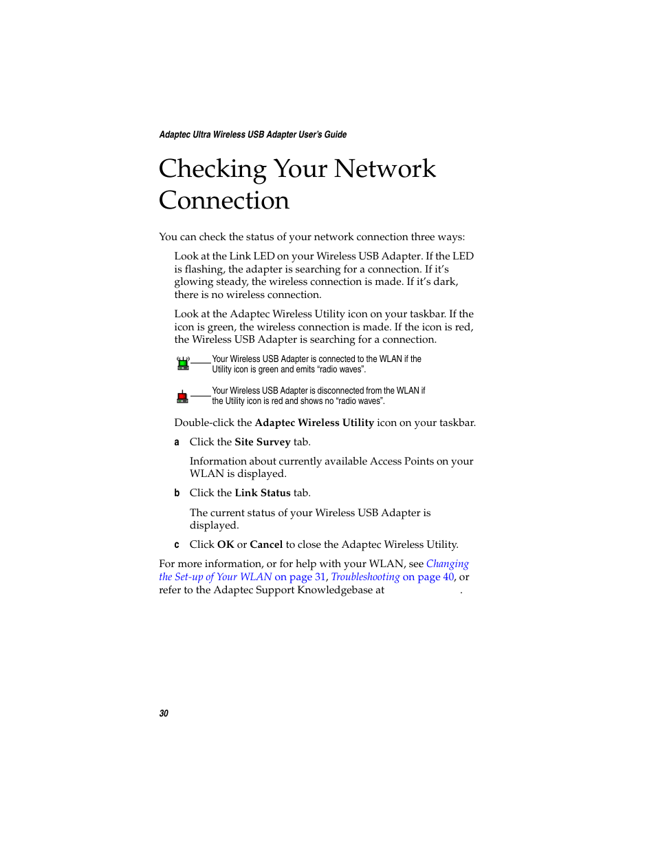 Checking your network connection | Adaptec Ultra Wireless WirelessTM USB Adapter User Manual | Page 37 / 57