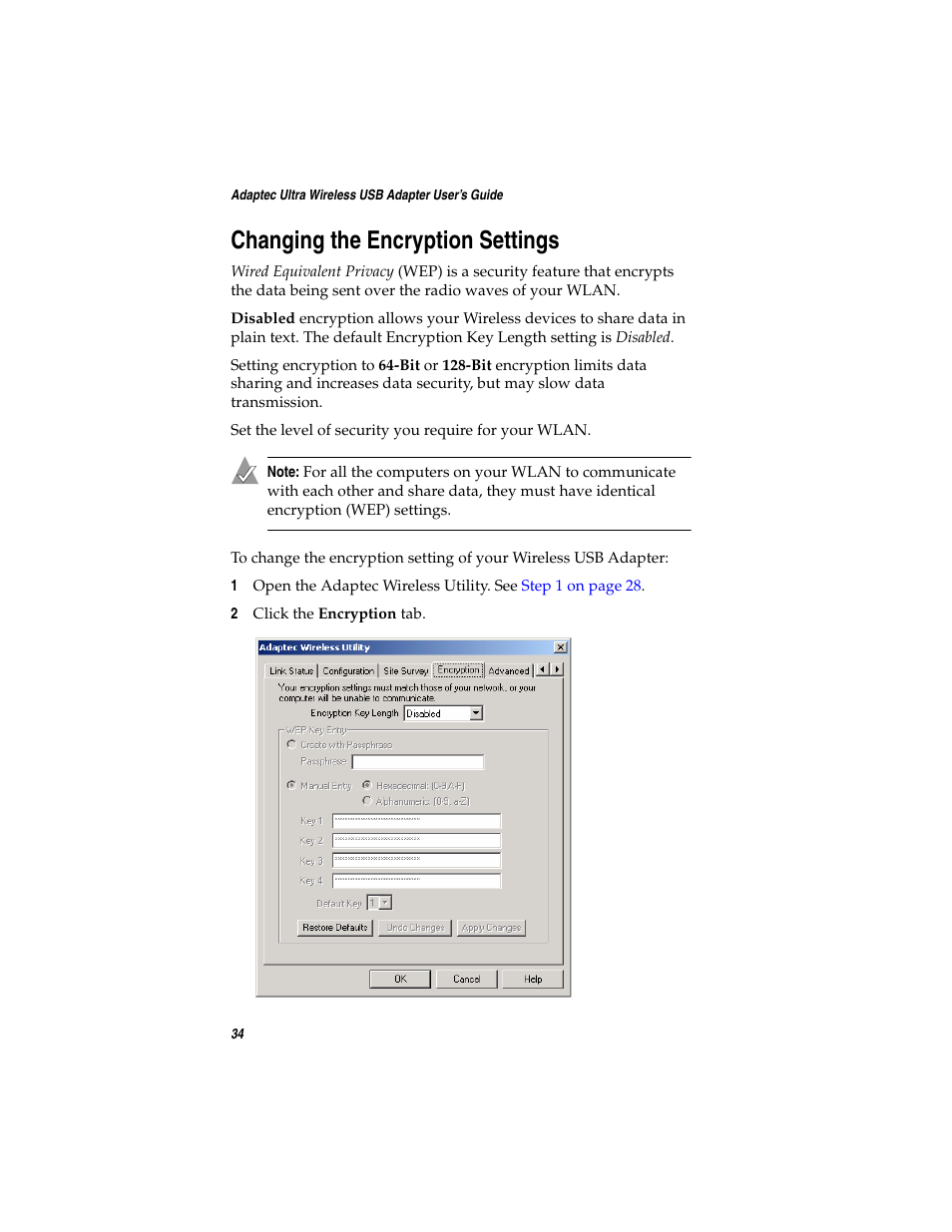 Changing the encryption settings | Adaptec Ultra Wireless WirelessTM USB Adapter User Manual | Page 41 / 57